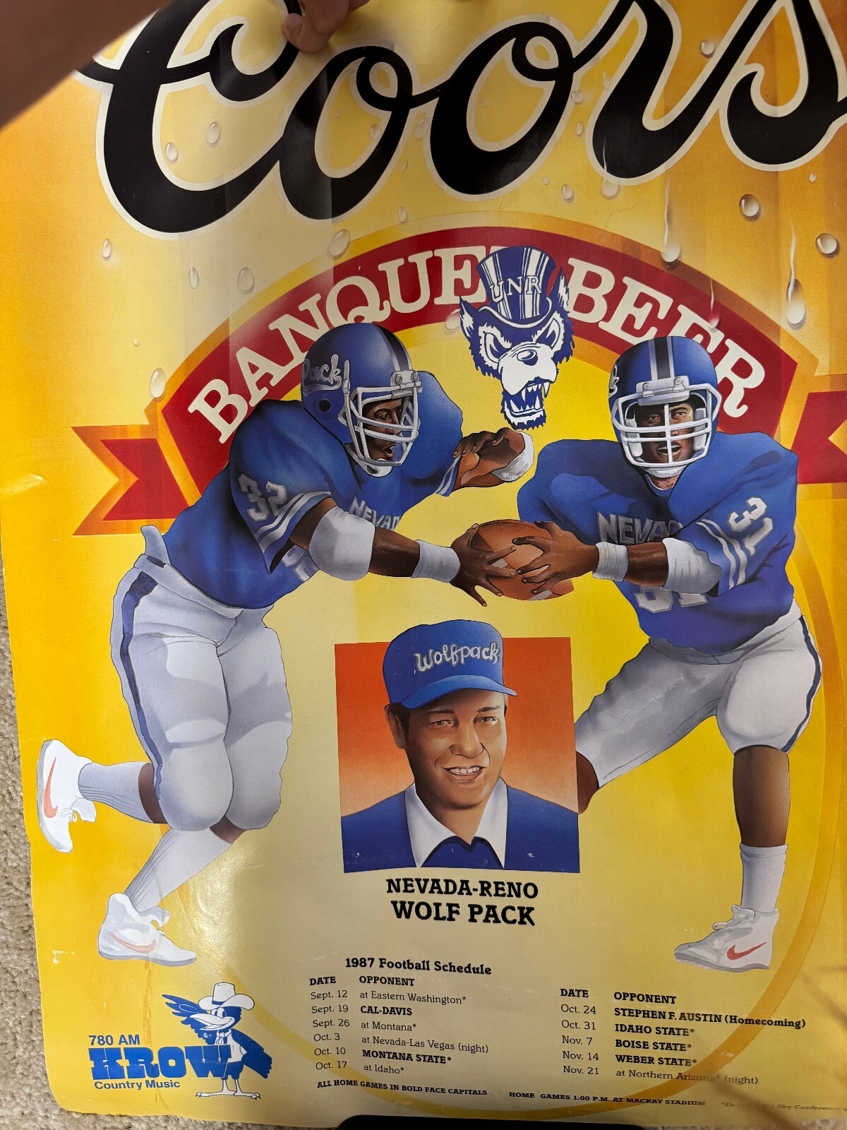 Vtg 1987 Coors Banquet Beer Nevada Wolf Pack Football Poster