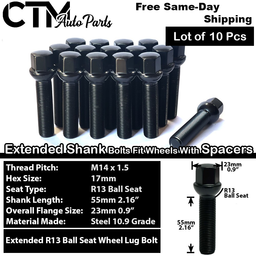10x Audi Black 14x1.5 Ball Seat Lug Bolt 55mm Shank Fit Rim with 25-30mm Spacer