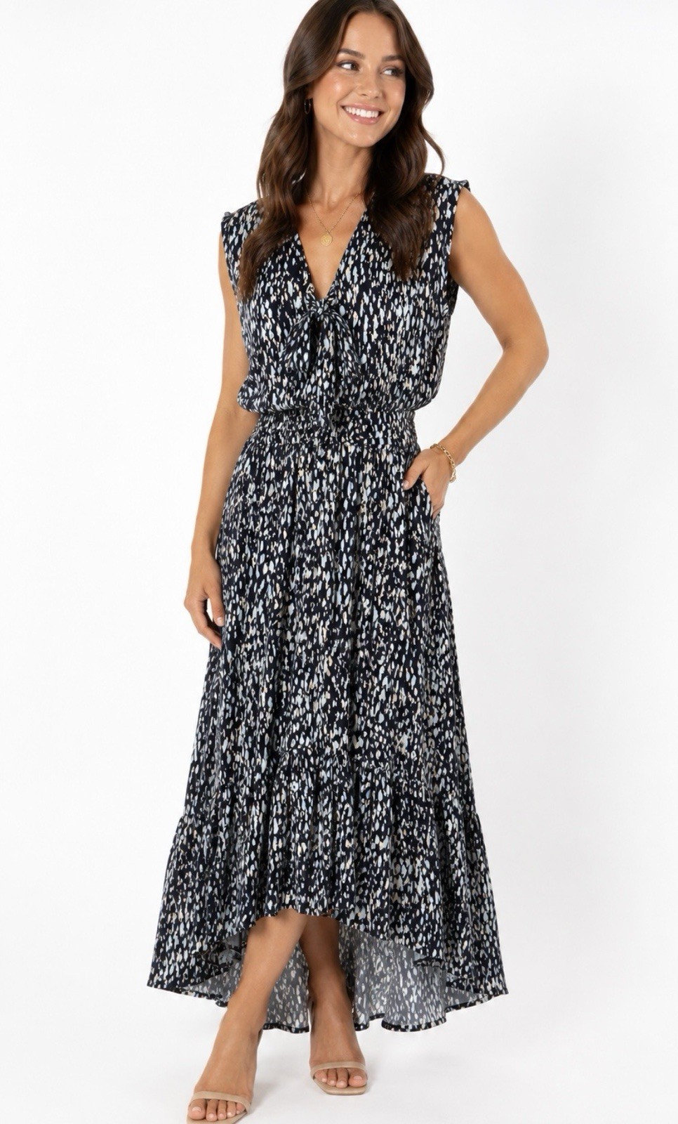 NWT  Ramy Brook Berlin High Low Polyester Navy Abstract Print  Dress Med  $425