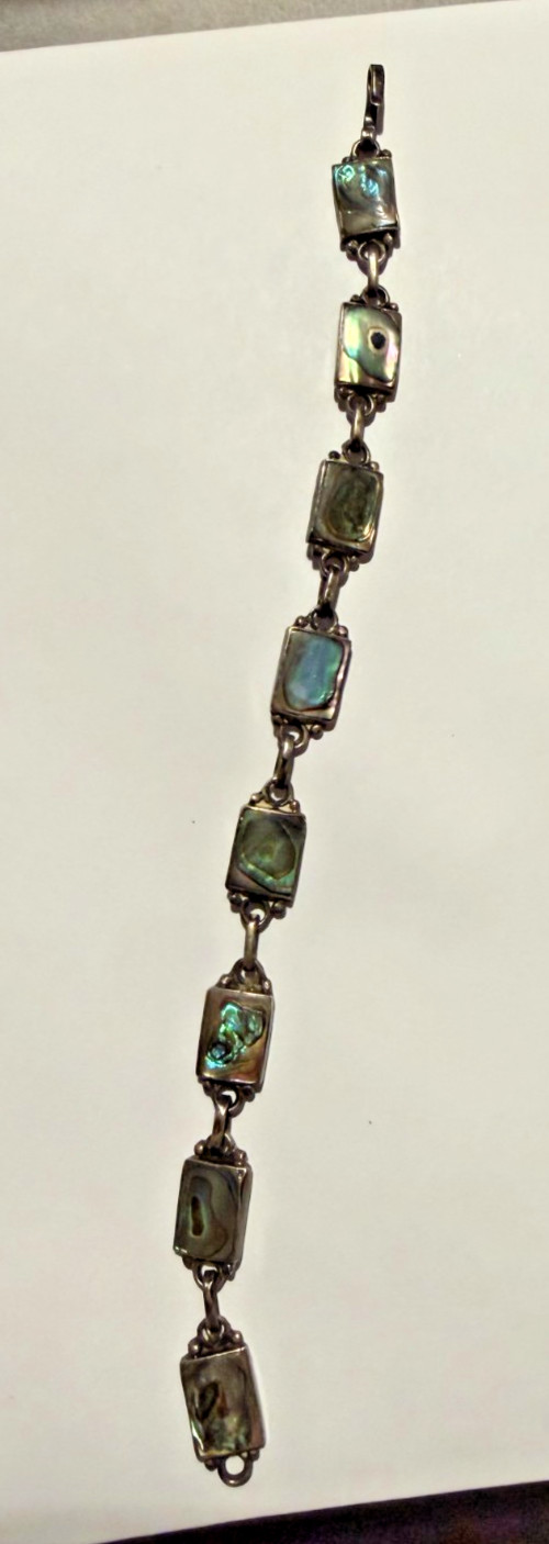 Vintage Signed Taxco Mexican Sterling Silver Abalone Link Bracelet