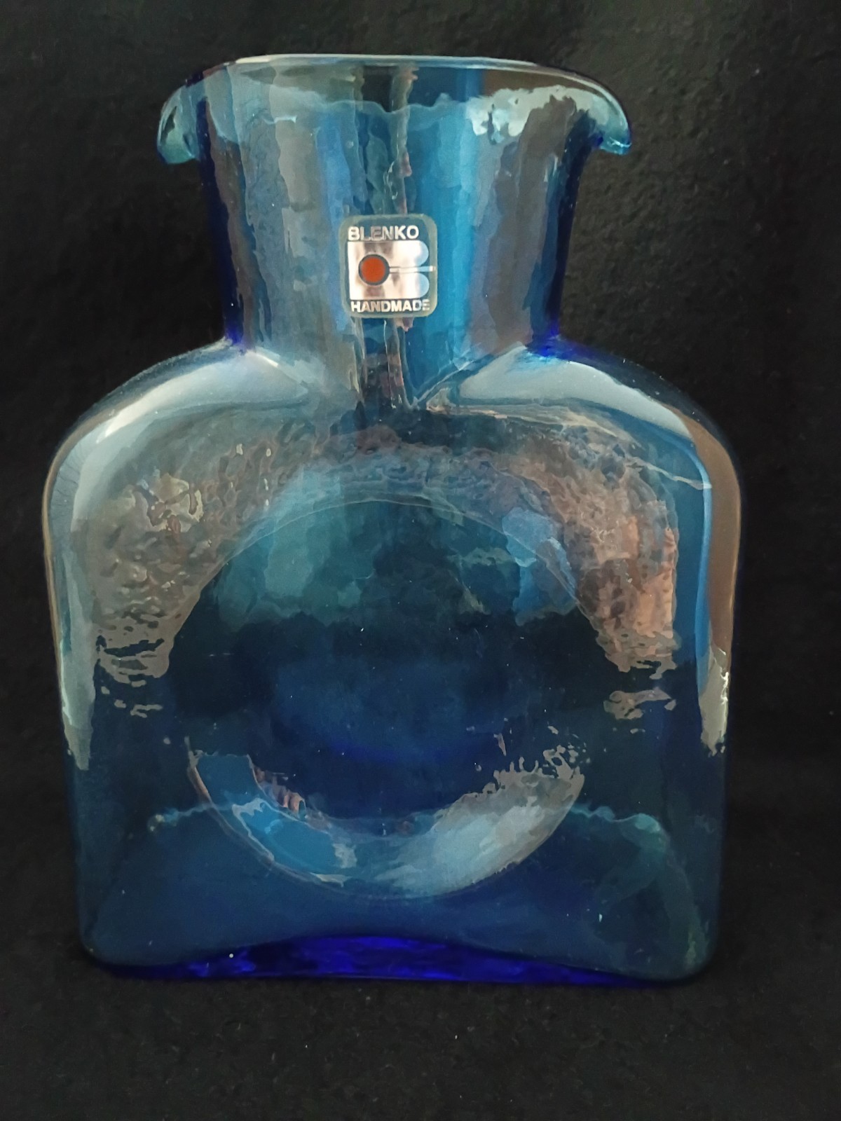 Vintage Mcm Blenko Glass 384 Azure Blue Double Spout Water Pitcher W/label