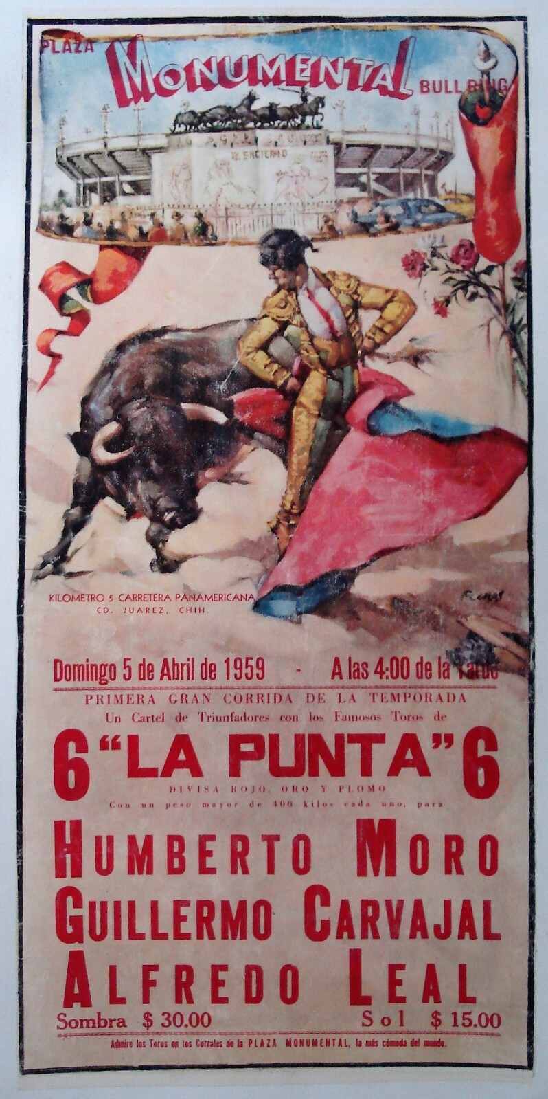 Original Plaza Monumental Mexico, Bull Ring Poster, 1959 Original Plaza Monumental Mexico, Bull Ring Poster, 1959