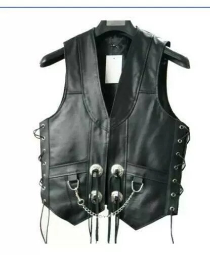 Men's Black Leather Fringed Concho Chain Vest Motorcycle Biker Size XS to 5XL. Men's Black Leather Fringed Concho Chain Vest Motorcycle Biker Size XS to 5XL.