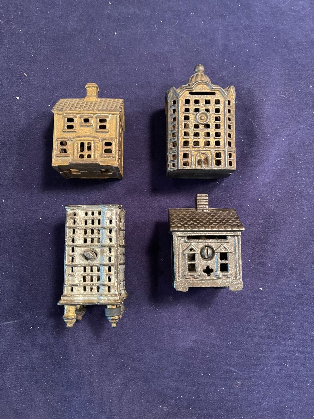 Lot of 4 Antique Cast Iron Still Banks House Skyscraper Buildings AC Williams Lot of 4 Antique Cast Iron Still Banks House Skyscraper Buildings AC Williams