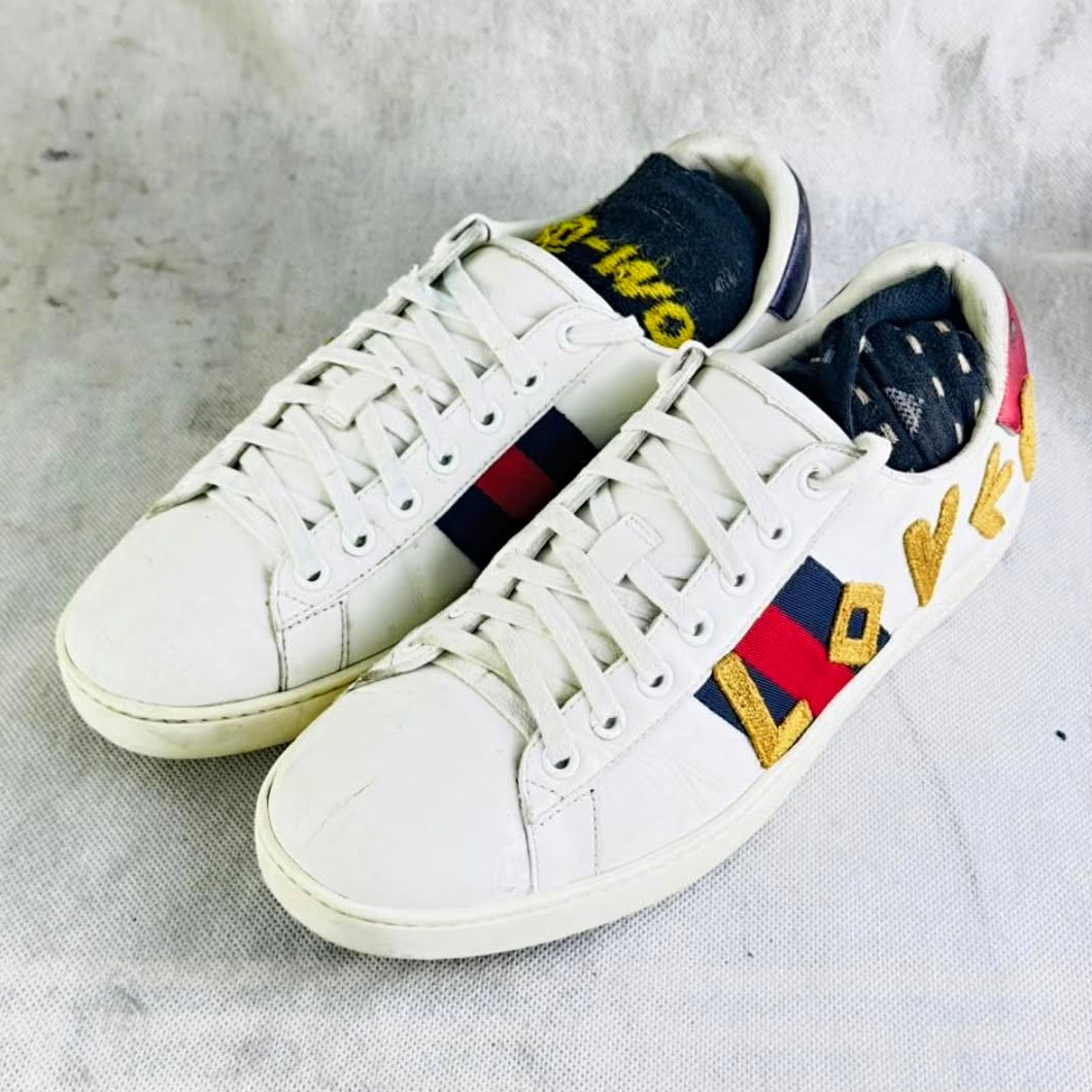 Gucci Ace Loved Embroidered Leather Sneakers White Blue Red Web Shoes EU 41 US 8 Gucci Ace Loved Embroidered Leather Sneakers White Blue Red Web Shoes EU 41 US 8