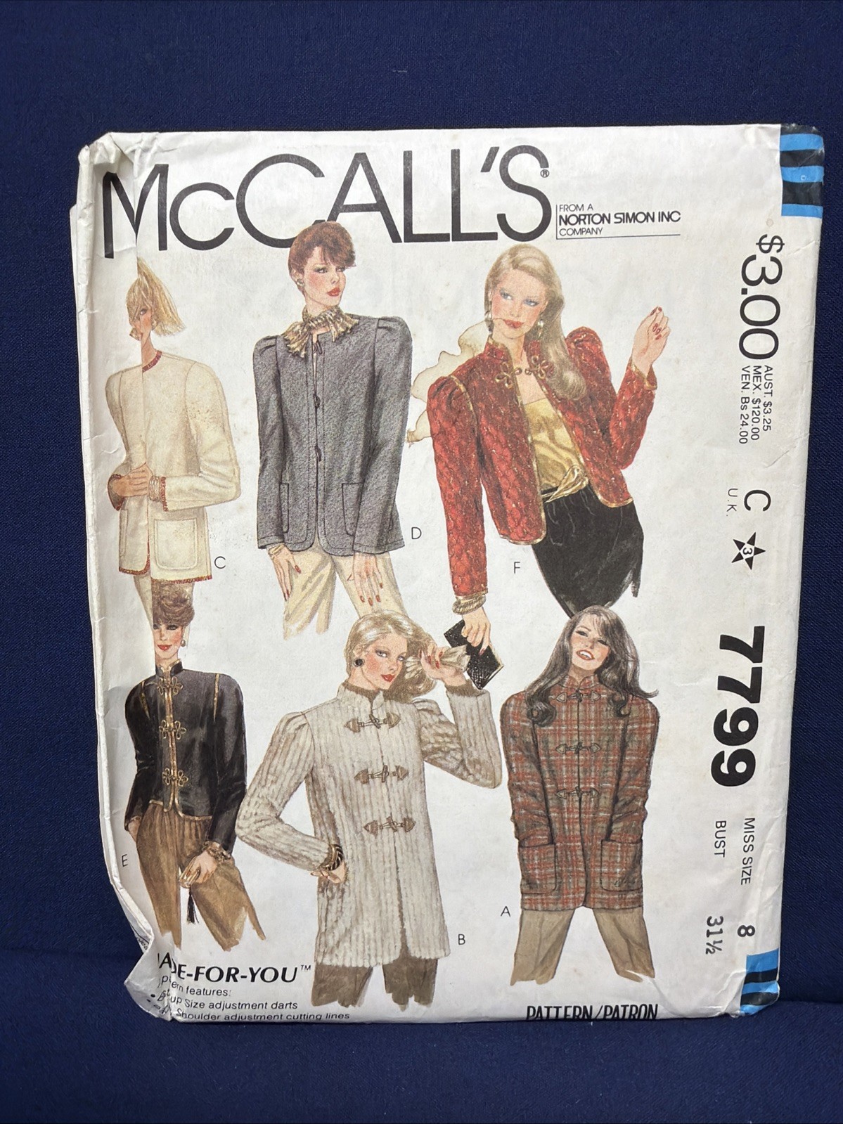 McCall's Made-For-You Lined Jackets in 6 Styles Pattern #7799 Misses' 8 Uncut