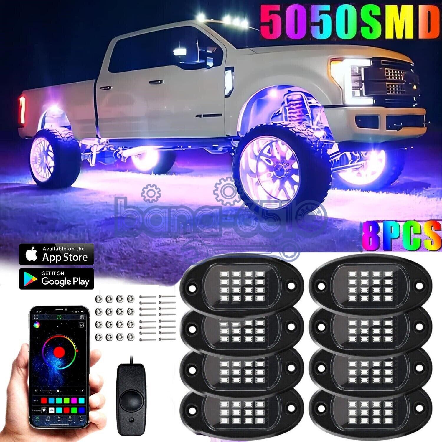 8Pods RGB LED Rock Lights Offroad Music Bluetooth APP Underglow Neon Lights