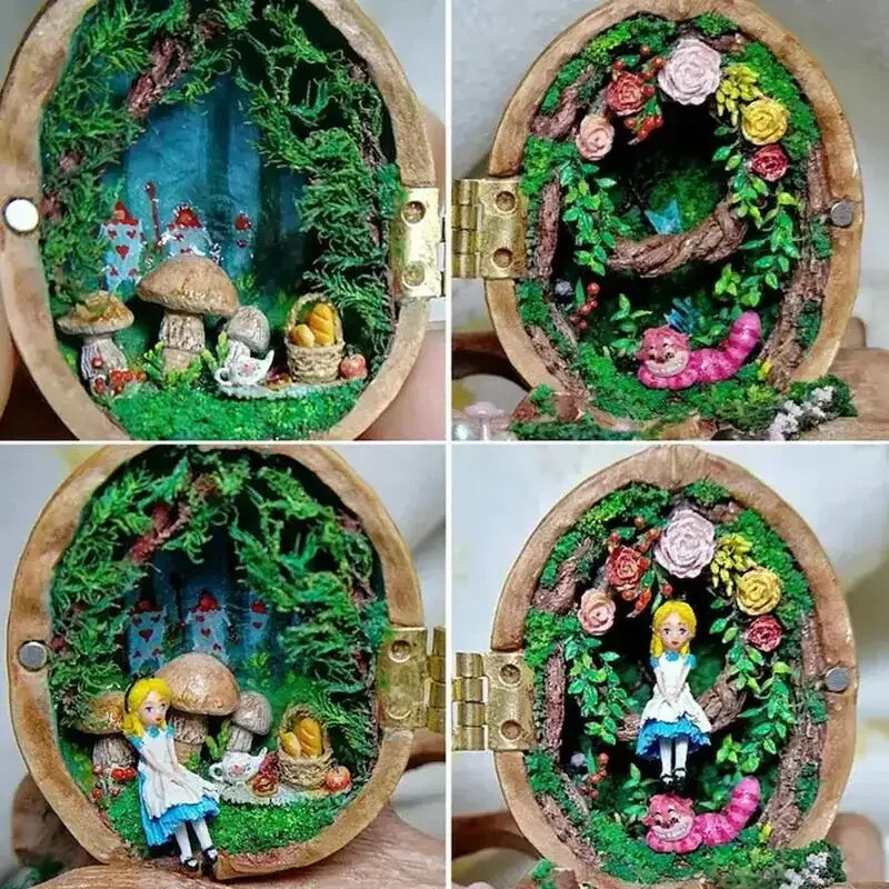Walnut Shell Dollhouse Tiny World Handmade Mini Library Children Toy Gift