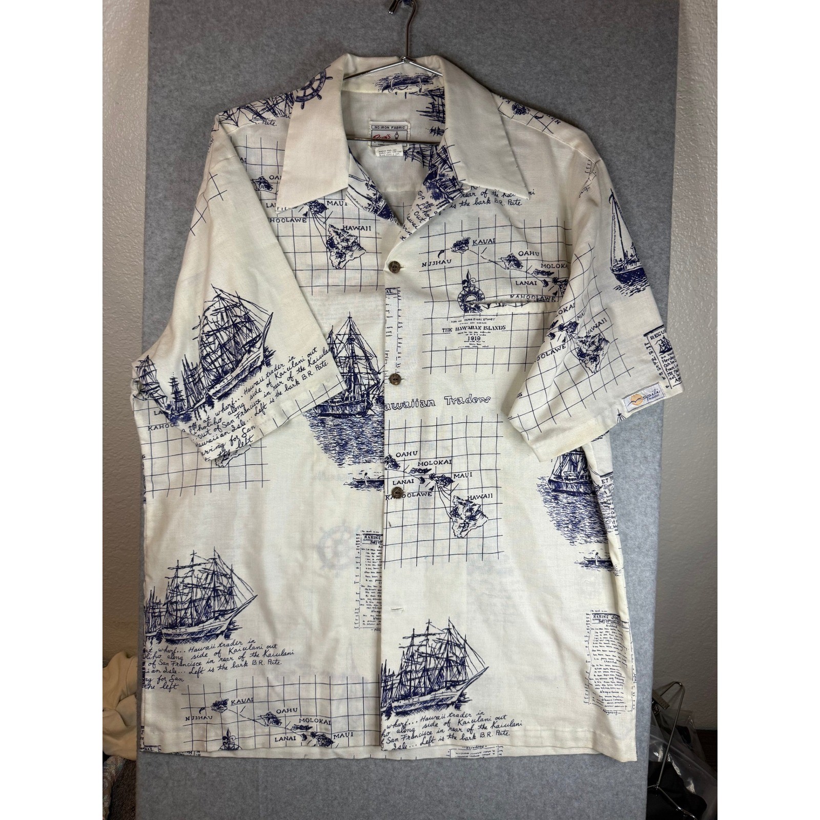 Vintage Reyn Spooner Hawaiian Shirt Mens Large Nautical Ship Map Aloha Cream