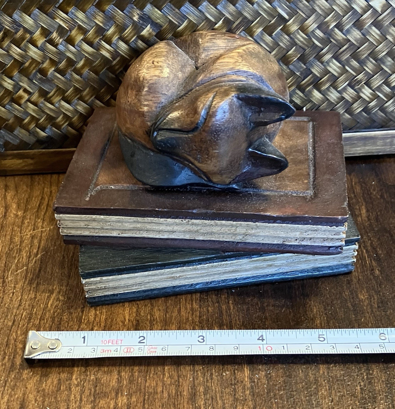 Vintage Hand Carved Wood Cat Sleeping On Books Figure Library Decor Cute