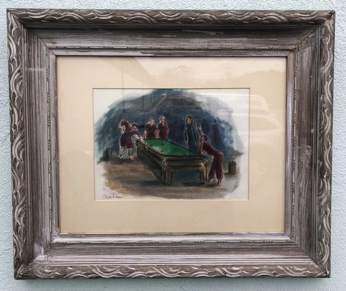 Signed Ruth M. Klein Watercolor Of People Playing Pool 19” X 22” X 2”