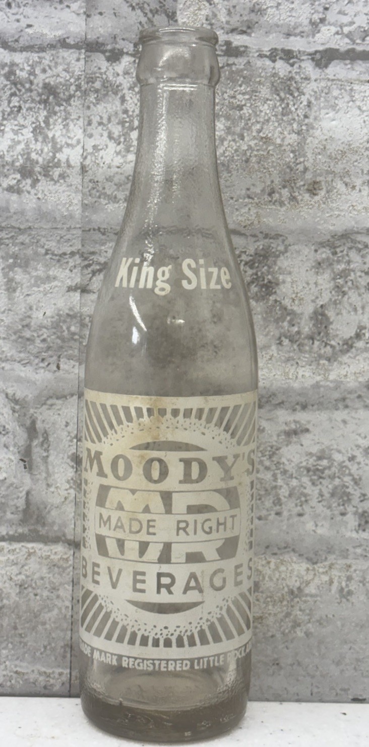 Rare Vtg 1956 Moody’s Beverages Soda Bottle King Size ACL Clear Little Rock