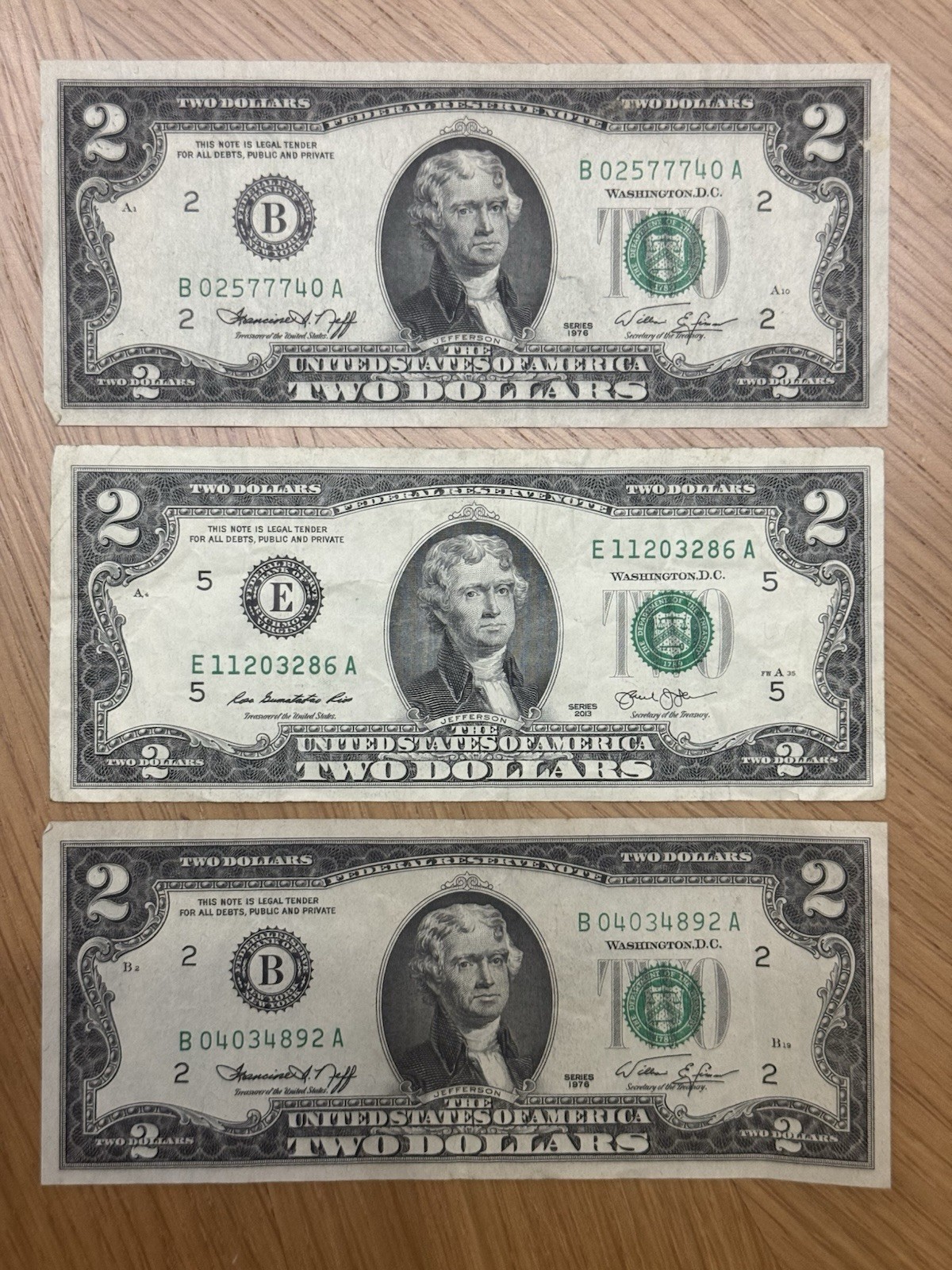 Lot of 3 US $2 Bills 1976 & 2013 Two Dollar Notes New York Richmond Currency