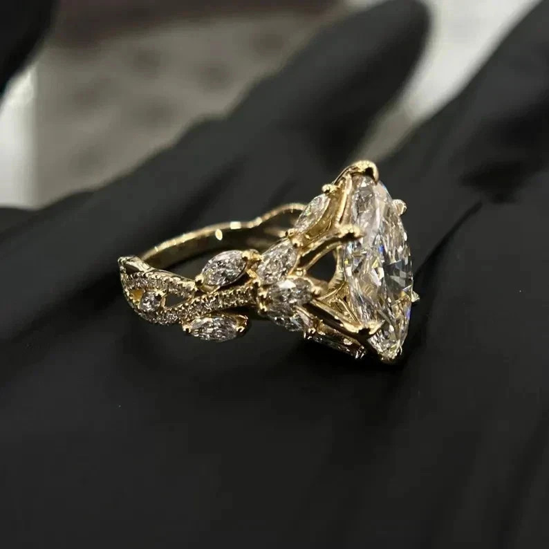 4.25 Ct IGI Marquise F/VS1 Lab Grown Diamond Women Wedding Ring 14K Yellow Gold