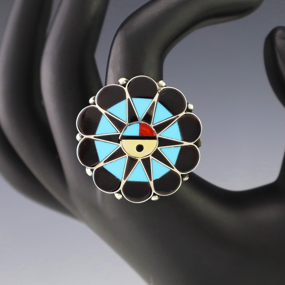 NATIVE AMERICAN ZUNI STERLING SILVER  & INLAY SUN FACE RING BY DELWIN GASPER