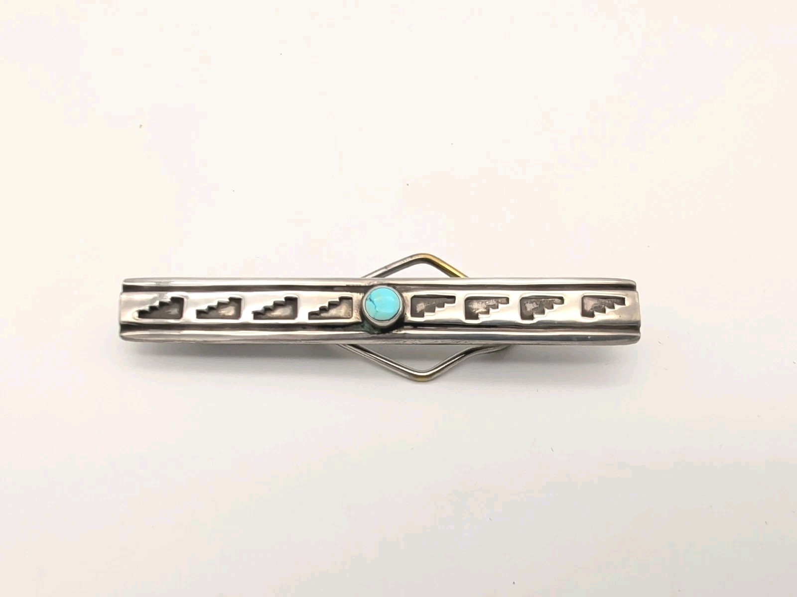 Vtg c1950s Hopi Or Navajo Sterl Silver Overlay Turquoise Tie Bar / Money Clip 3