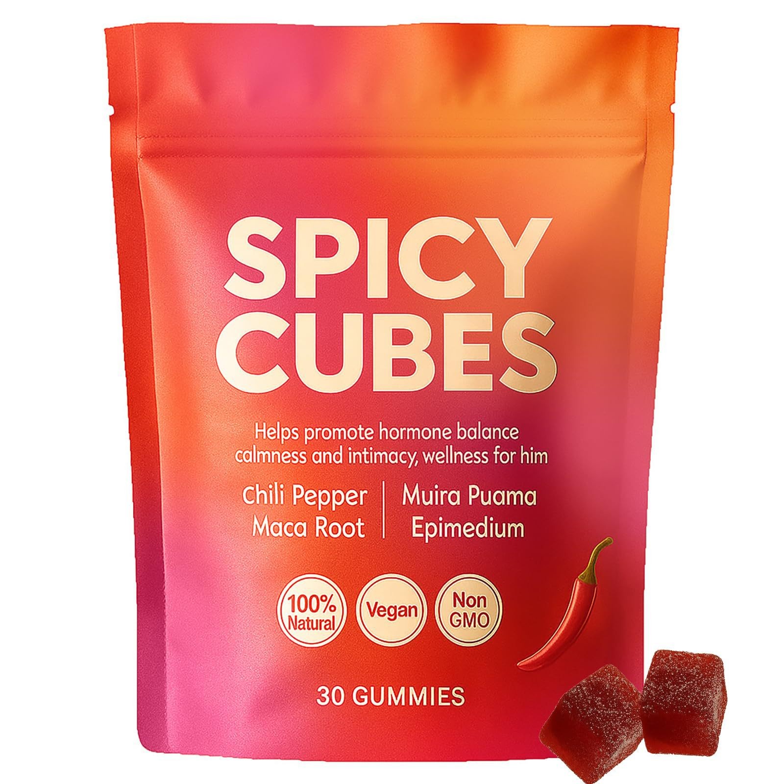 Spicy Cubes Hot Peach Gummies With Chili Pepper, Maca Root And Muira Puama Gumm-
