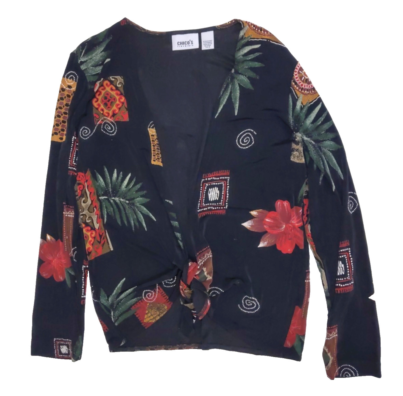 VTG Chico\'s Travelers TIE FRONT JACKET TOP Black/Multi FLORAL-ABSTRACT sz L/2