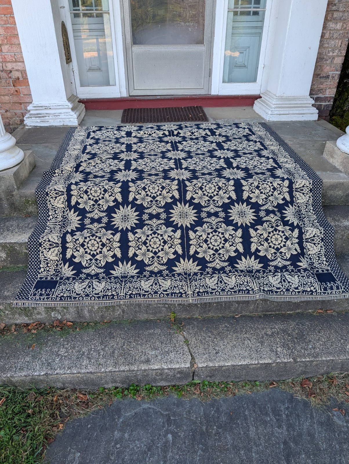 Fabulous Antique 1837 Jacquard Coverlet Cortland NY Signed Impson Strong Blue 