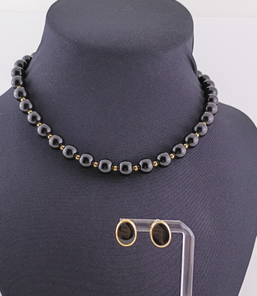 Vintage Signed Monet Necklace & Black Onyx Bezel-Set Pierced Earring Jewelry Set