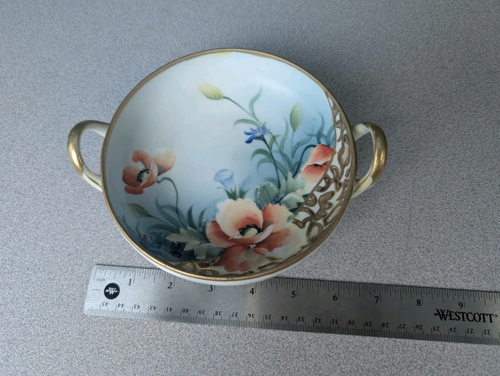 Antique Hand Painted Nippon Double Handle Bowl Poppies Gold Gilt Moriage 6.5\