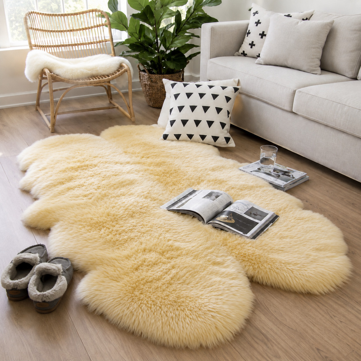 Genuine Australian Sheepskin Rug Quad Champagne Yellowish 4 Pelt Soft Wool Fur