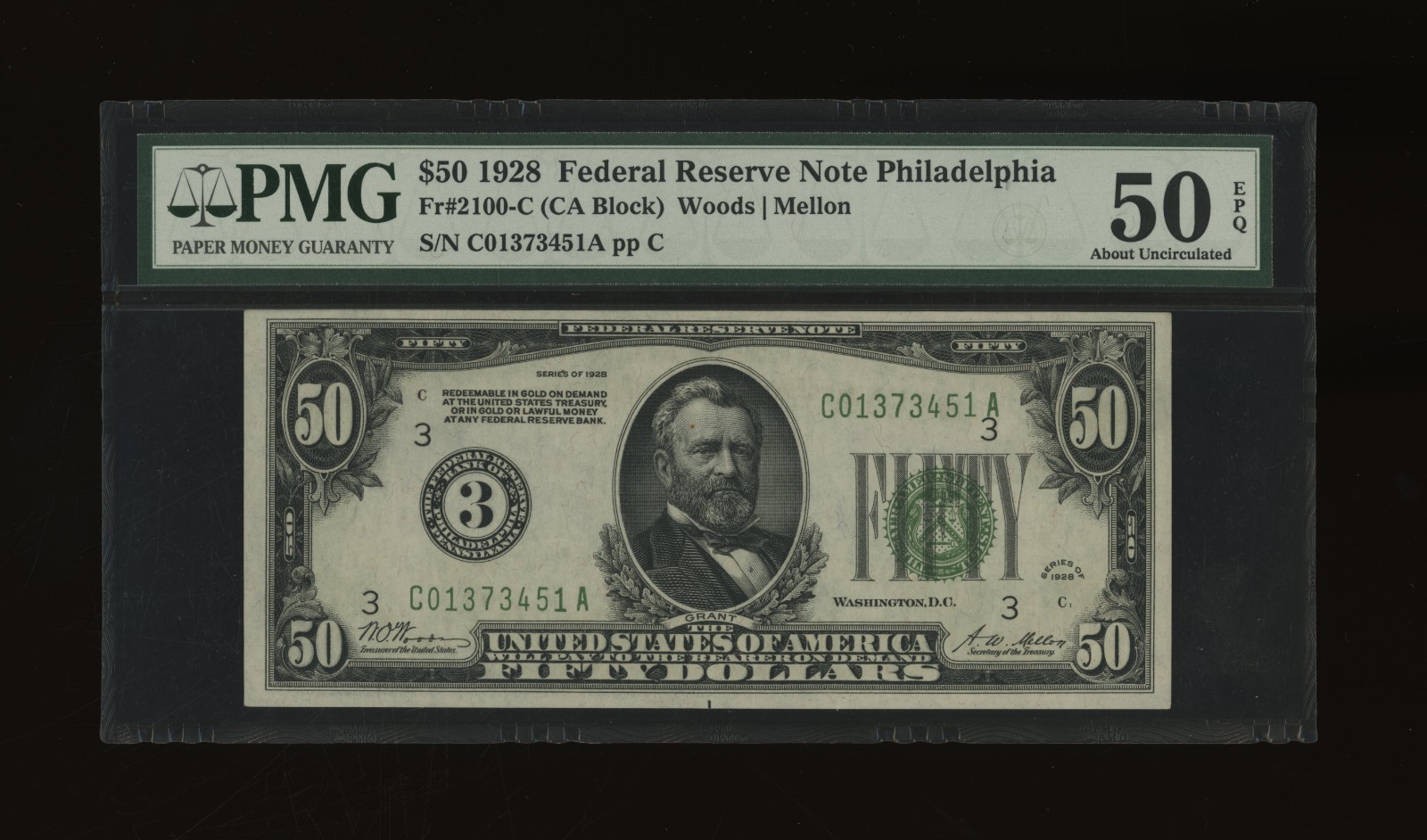 DBR 1928 $50 Philadelphia Numeral Fr. 2100-C PMG AU-50 EPQ Serial C01373451A