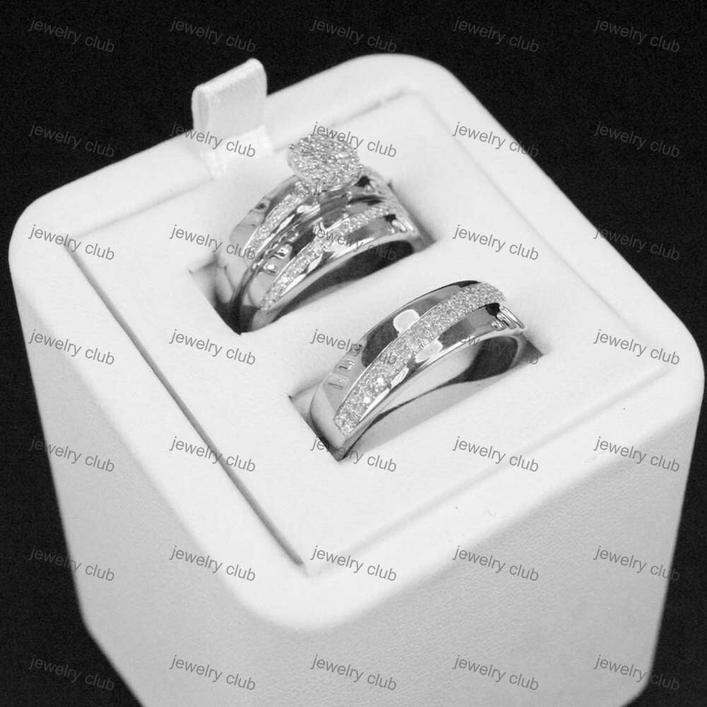 Trio Ring Set His And Hers Natural Moissanite Engagement Wedding Bridal Silver