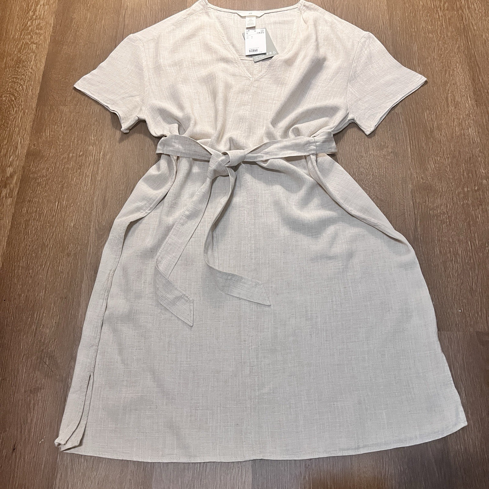 H&M Linen Tie-Waist Shift Dress | V-Neck Short Sleeve Dress (S)