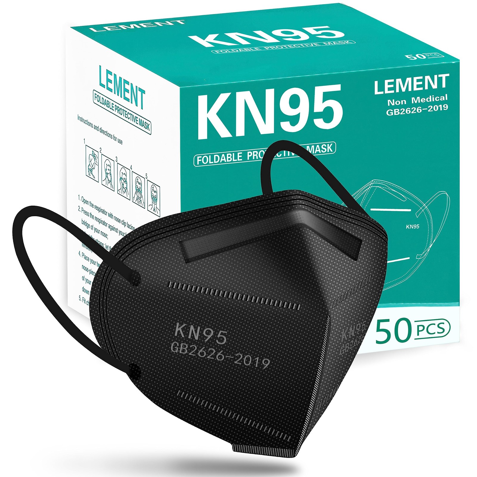 LEMENT 50pcs KN95 Face Mask Black 5 1 Count (Pack of 50), Adult-50 Pack-black