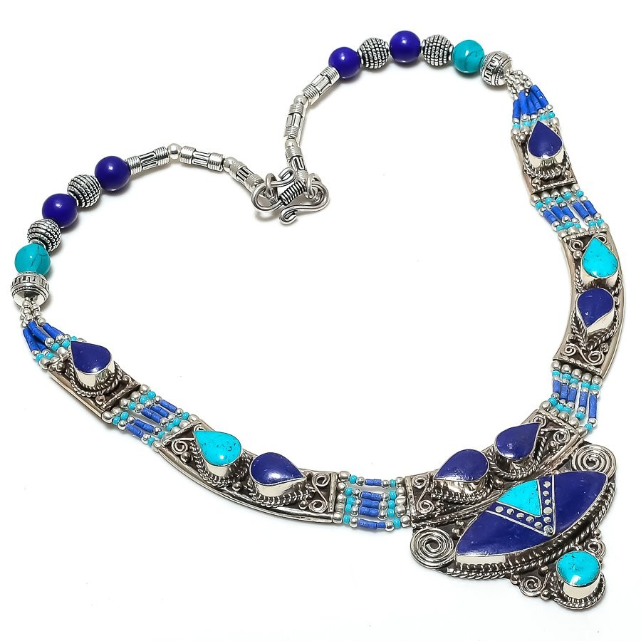 Natural Turquoise Lapis Lazuli Vintage Tibetan Necklace 18