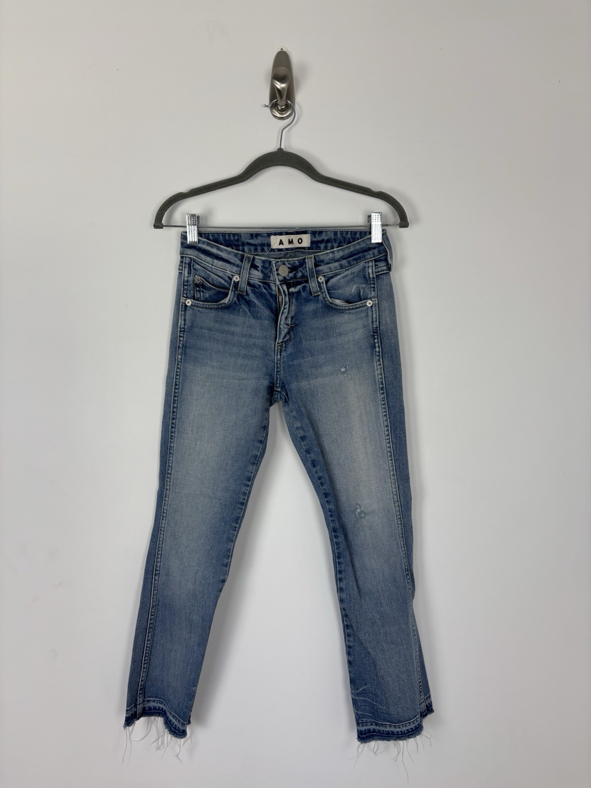 AMO Jane Blue Bell Kick Flare Raw Hem Jeans Size 25 Blue Medium Wash Distressed