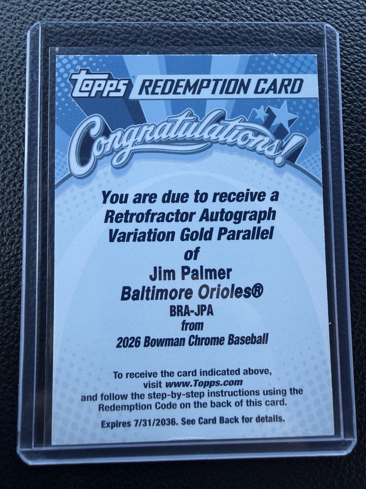 2026 Bowman Chrome Jim Palmer Gold Retractor Auto #/50 Redemption 