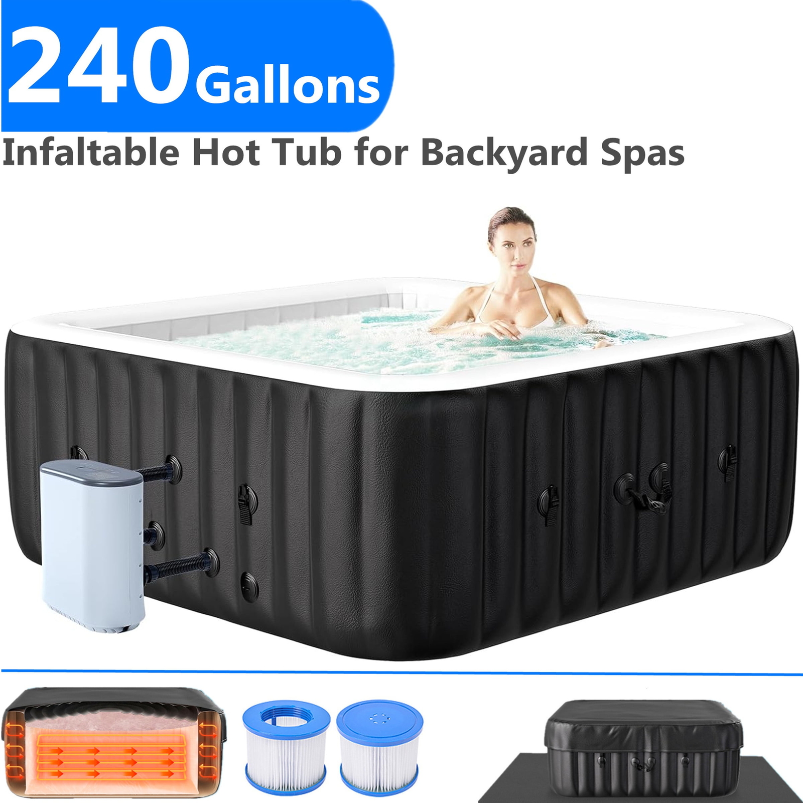 SUNYRISY Hot Tub 6 Person Inflatable Hot Tub 130 Bubble Jets &Heater Pump Filter