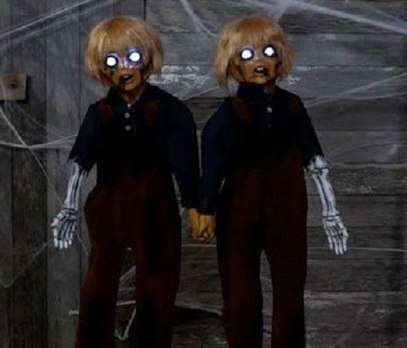 Creepy Twin Boys Animatronic Scary Doll Halloween Prop Metal Frame Light Up ⭐