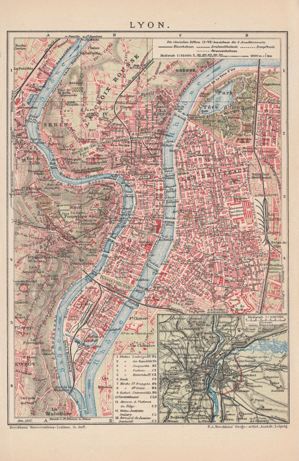 LYON dated 1912  Original map city plan FRANCE