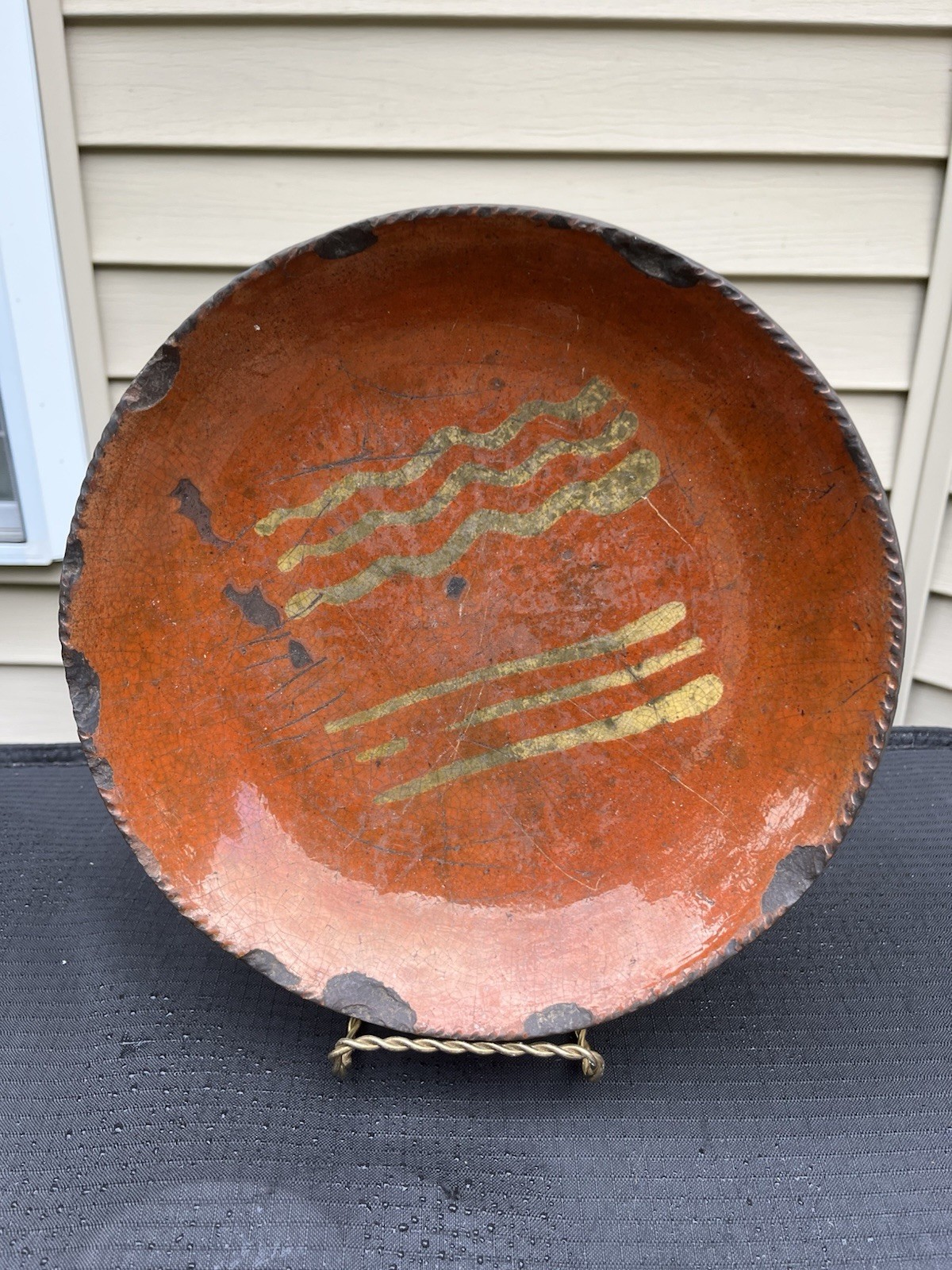Antique Early 1800\'s Cog Edge Pennsylvania Redware Yellow Slip Pie Plate 9 3/4\