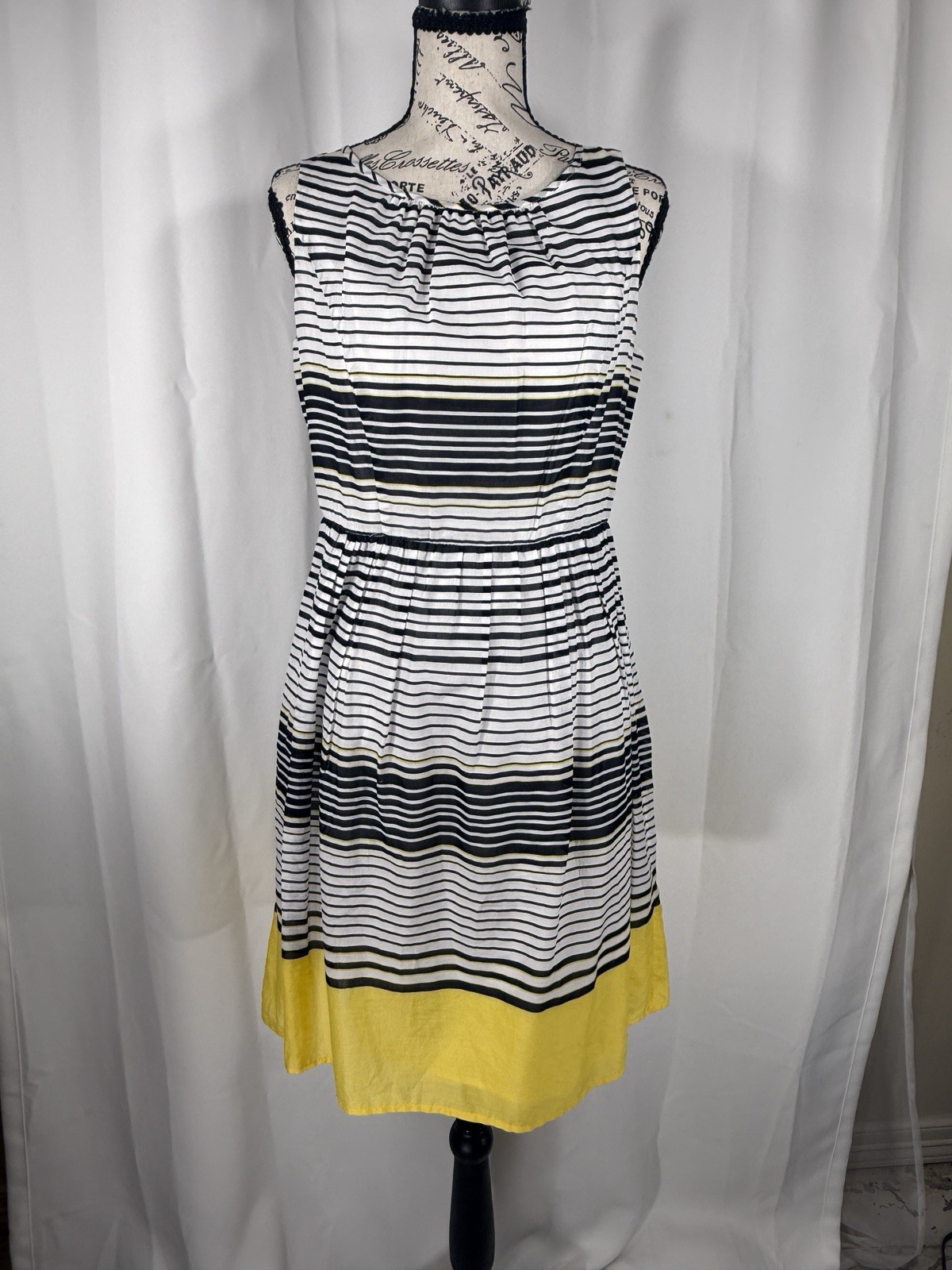 Talbots Petites Striped Fit and Flare Dress 6P Cotton Black White Yellow Summer