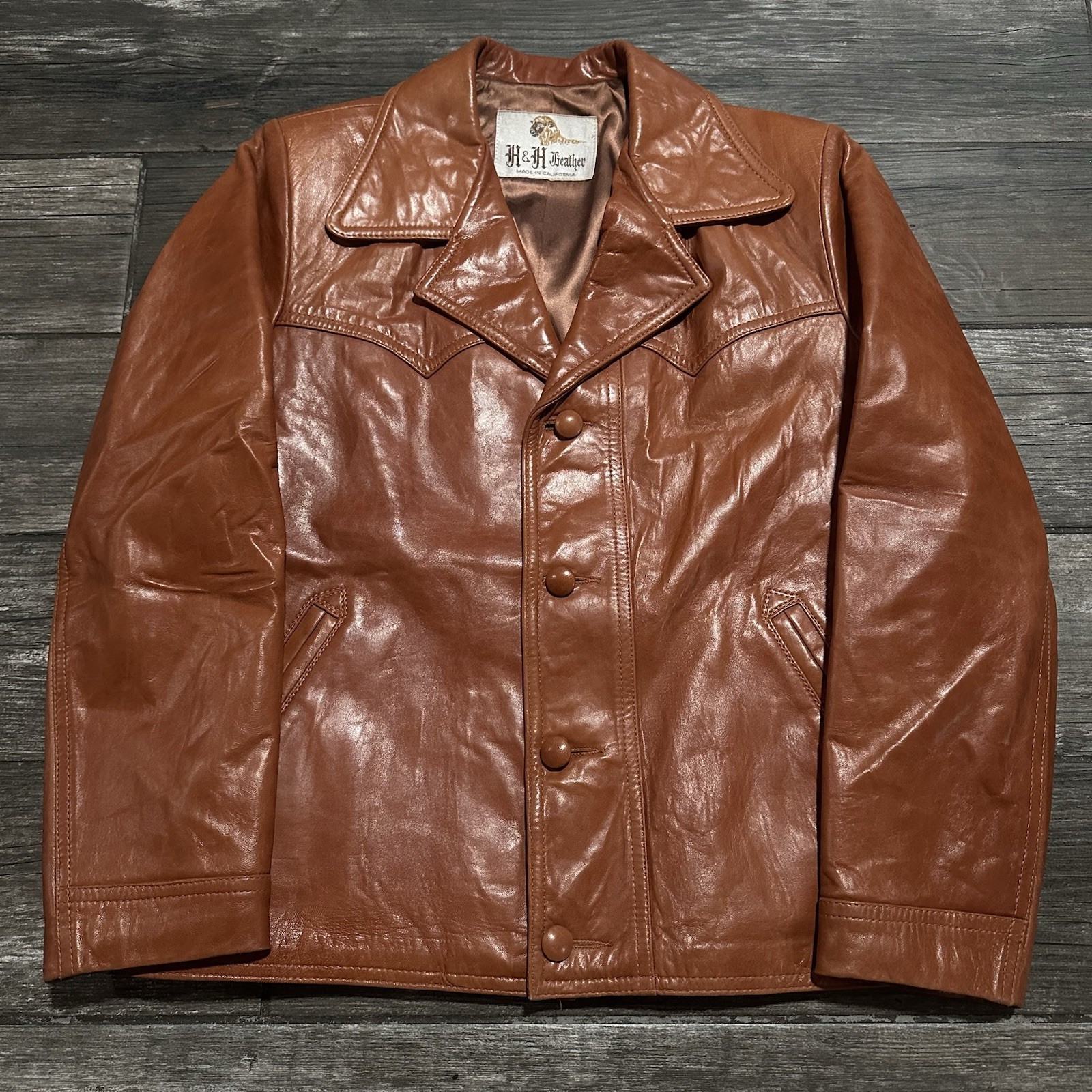 VTG 70s H & H LEATHER COGNAC BROWN LEATHER JACKET DISCO WESTERN SZ 42 BUTTON UP 