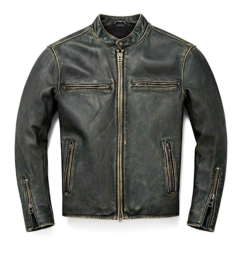 Cafe Racer Mens Genuine Sheepskin Motorcycle Leather Jacket Black Distressed