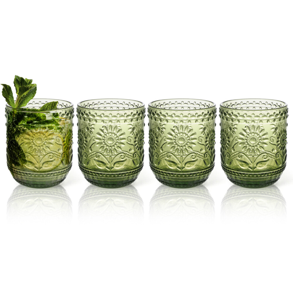 4 Pack Vintage Drinking Glass, 11.84 Oz Embossed Floral Drinkware Set for Whisky 4 Pack Vintage Drinking Glass, 11.84 Oz Embossed Floral Drinkware Set for Whisky