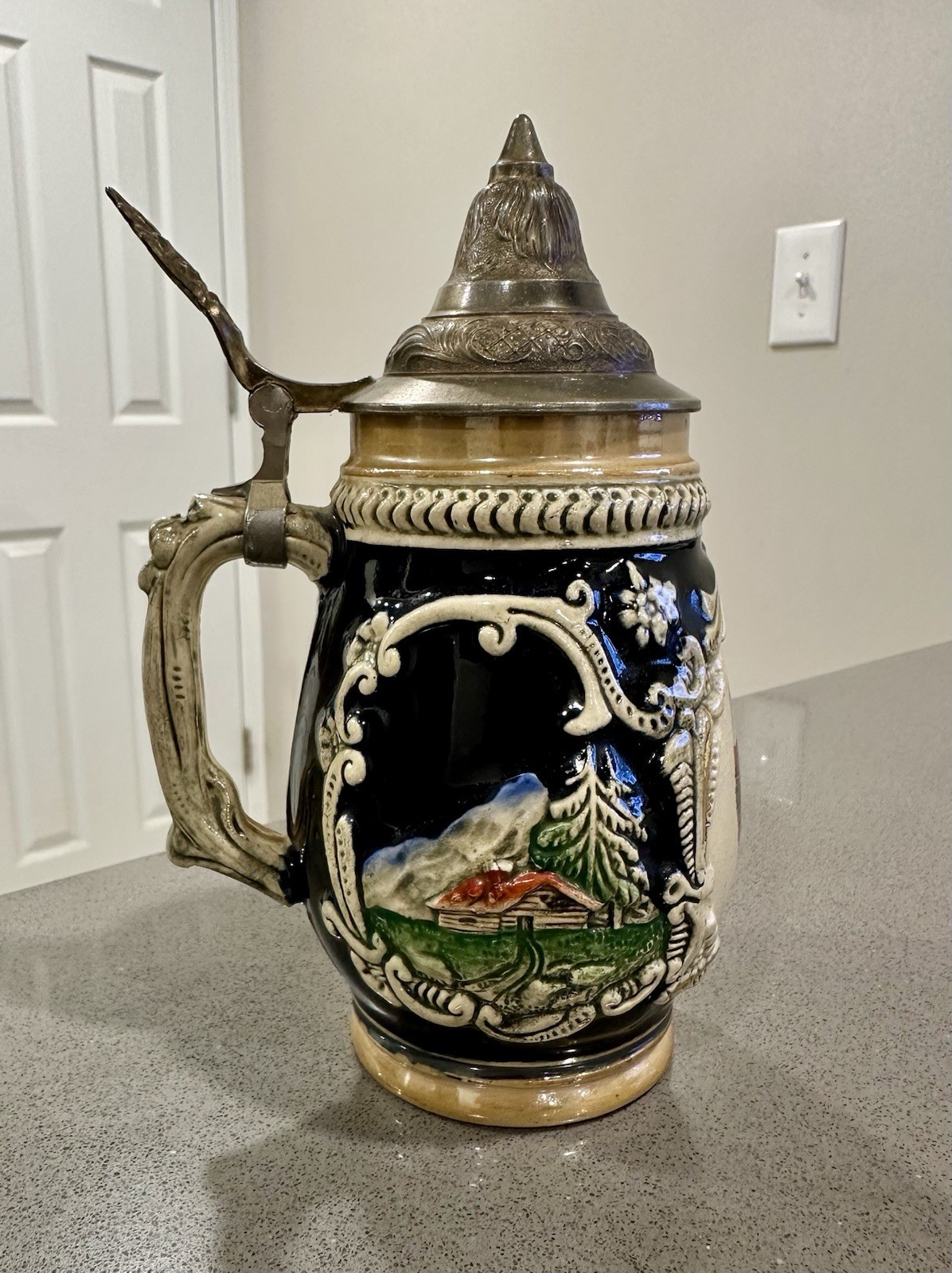 Vintage German Tübingen Beer Stein DBGM Pewter Lid Relief Ceramic 6.5”