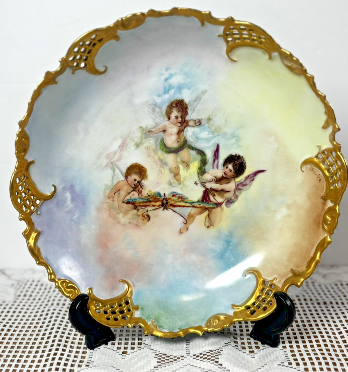 Antique Leonard Vienna Austria Porcelain Cherub Putti Bonbon Dish Gold Gilt Tray