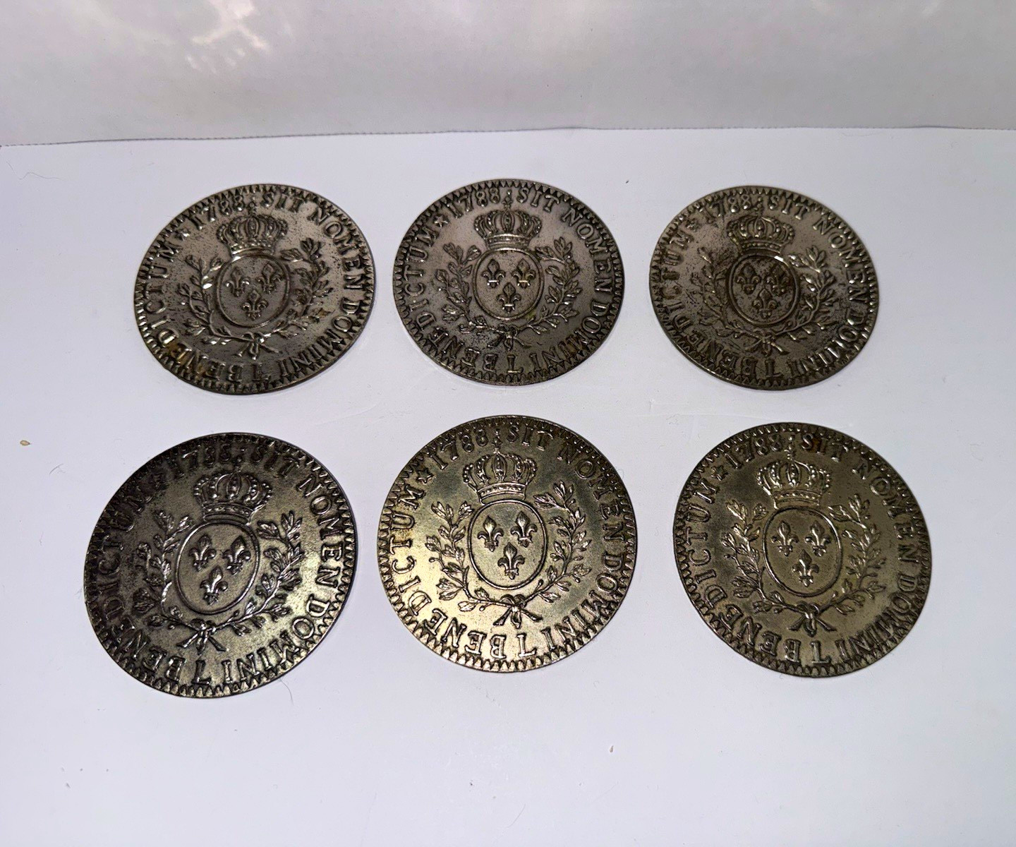 Vintage French Coin Coasters Set of 6 Louis XVI 1788 Replica Barware Green Felt Vintage French Coin Coasters Set of 6 Louis XVI 1788 Replica Barware Green Felt
