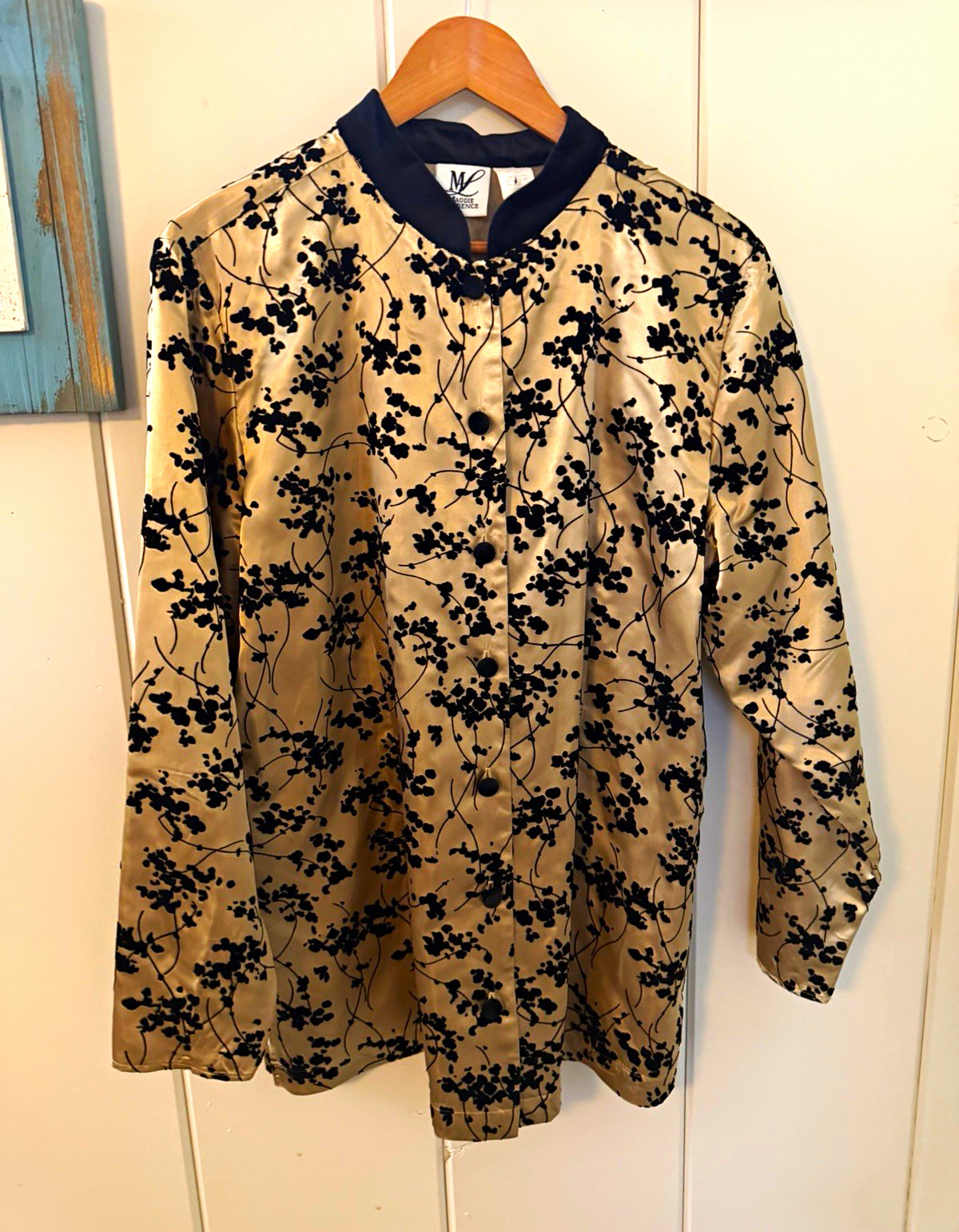 Vintage Maggie Lawrence Acetate Flocked Velvet Floral Jacket Gold Black 90s