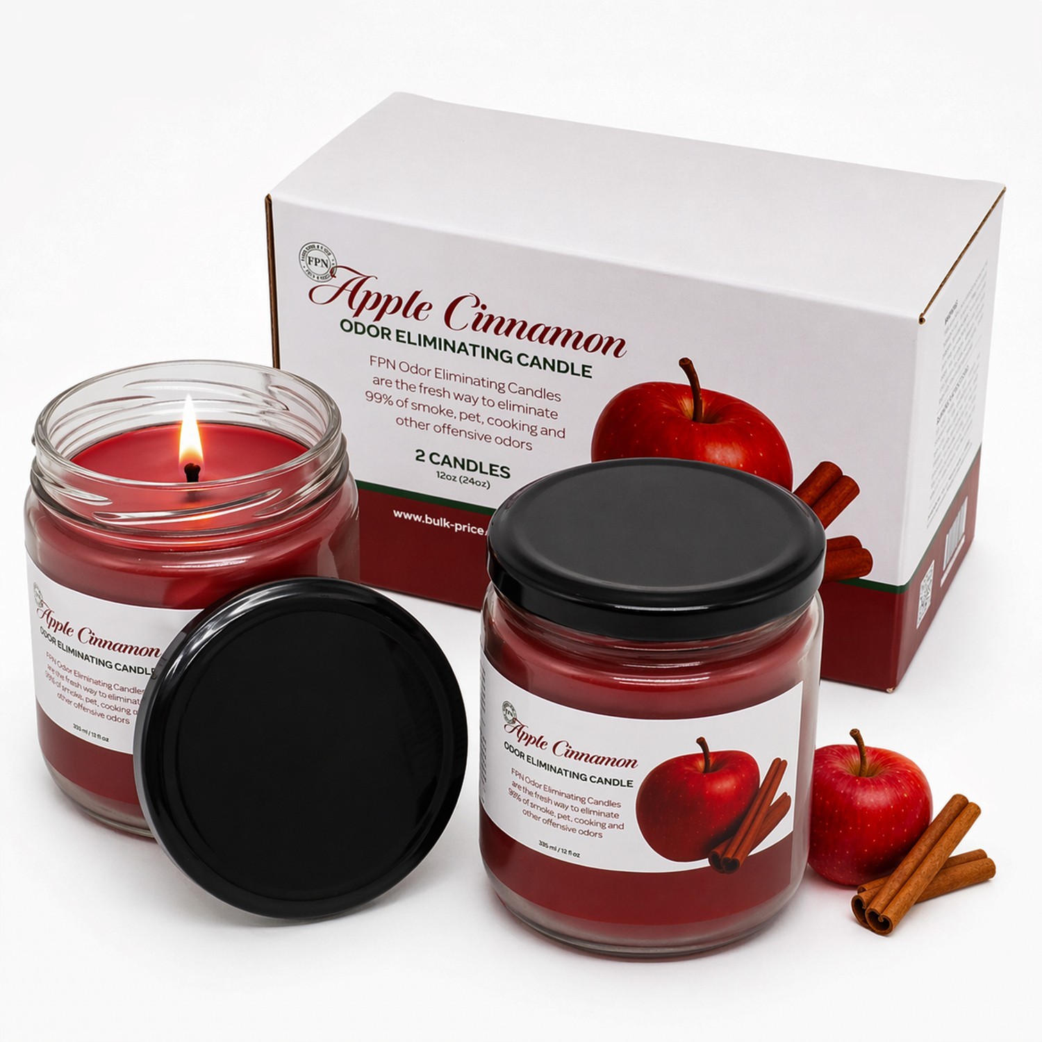FPN Odor Eliminating Apple Cinnamon Scented Candles Jar 12 oz x 2 Pack