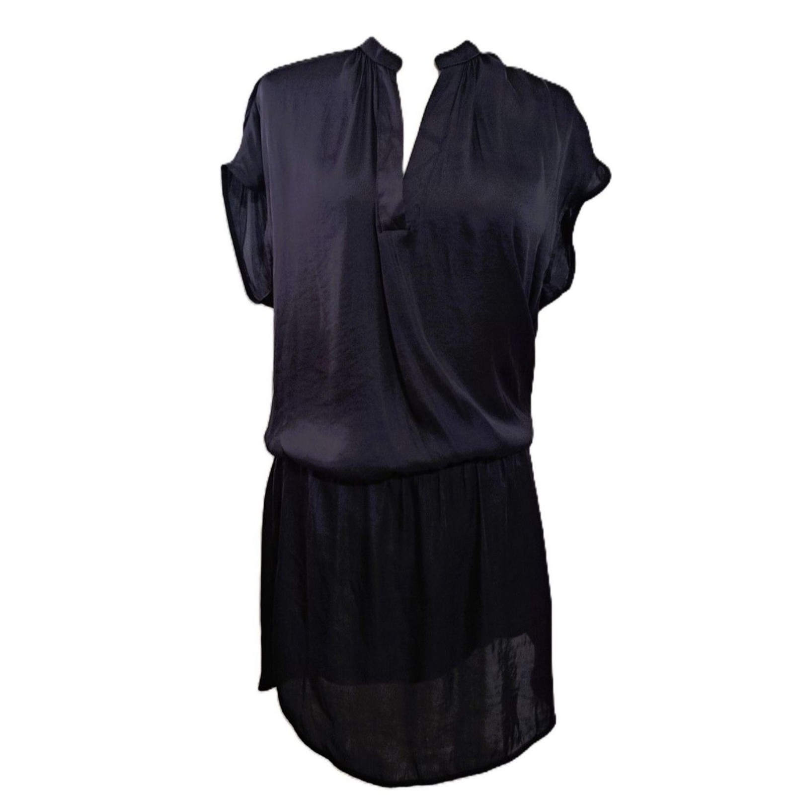 H&M Women\'s Black Cap Sleeve Shirt  Satin Lined Dress Elastic Waist  Sz 8