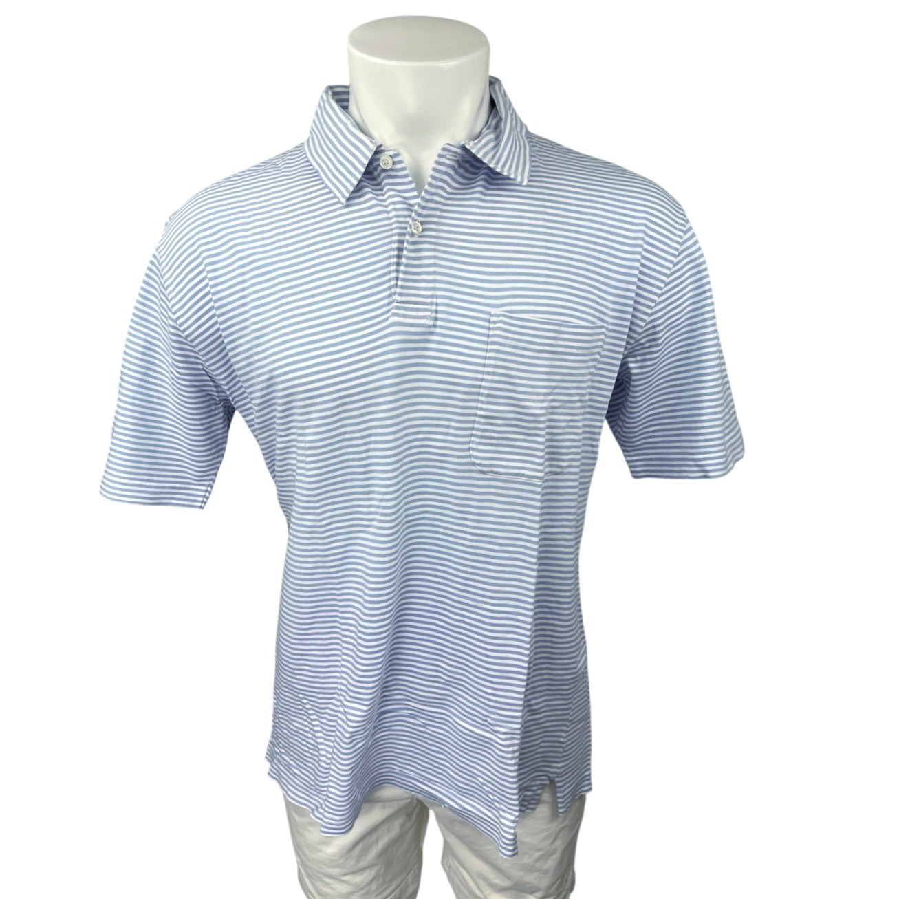 J. McLaughlin Blue White Striped Golf Short Sleeve Pocket Polo Shirt Top Size M