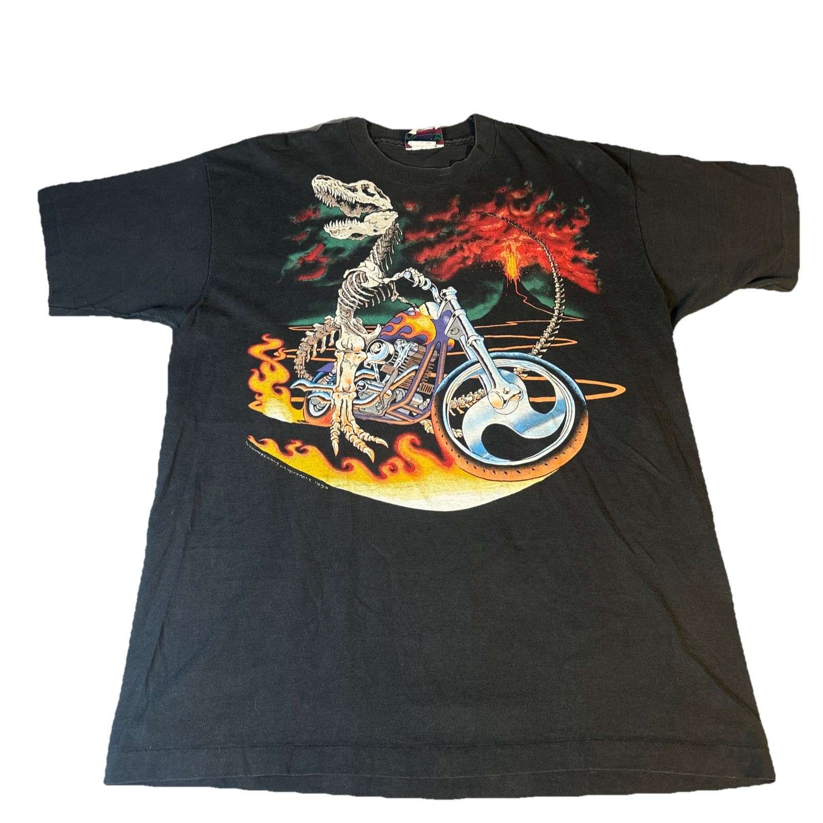 Vtg 90s Liquid Blue Shirt Bad To The Bone T-Rex Riding a Motorcycle Large Tee