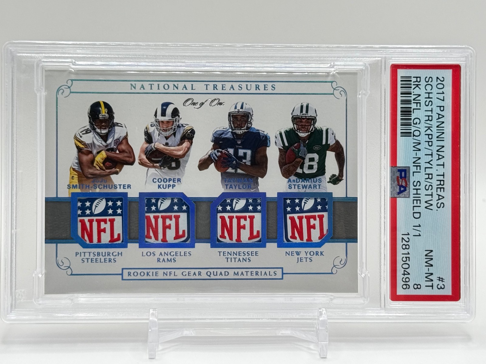 2017 National Treasures Cooper Kupp JuJu NFL Shield Quad 1/1 PSA 8 POP 1